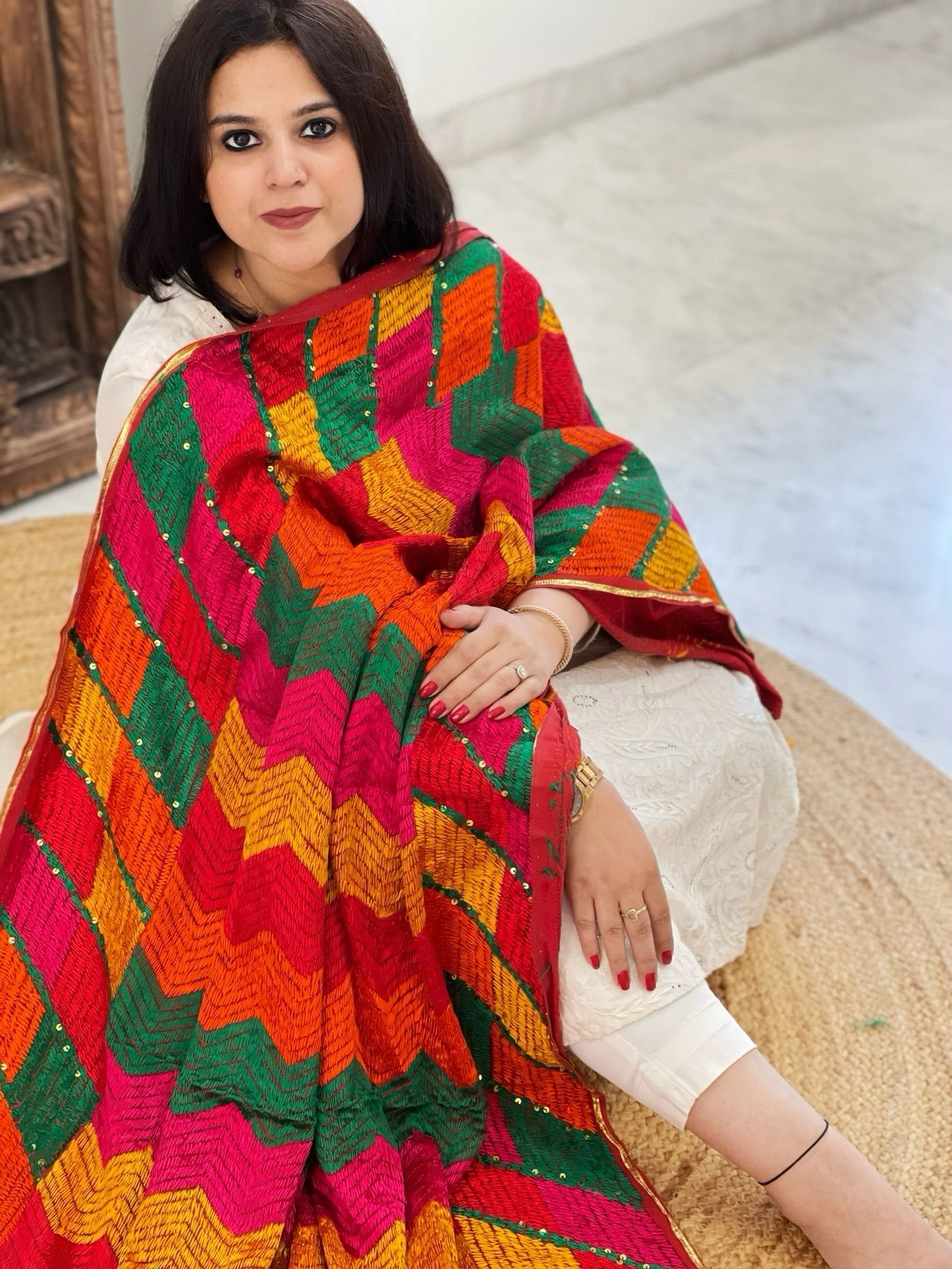 Handmade Designer Phulkari Dupatta in Khaddar Cotton - Masakalee