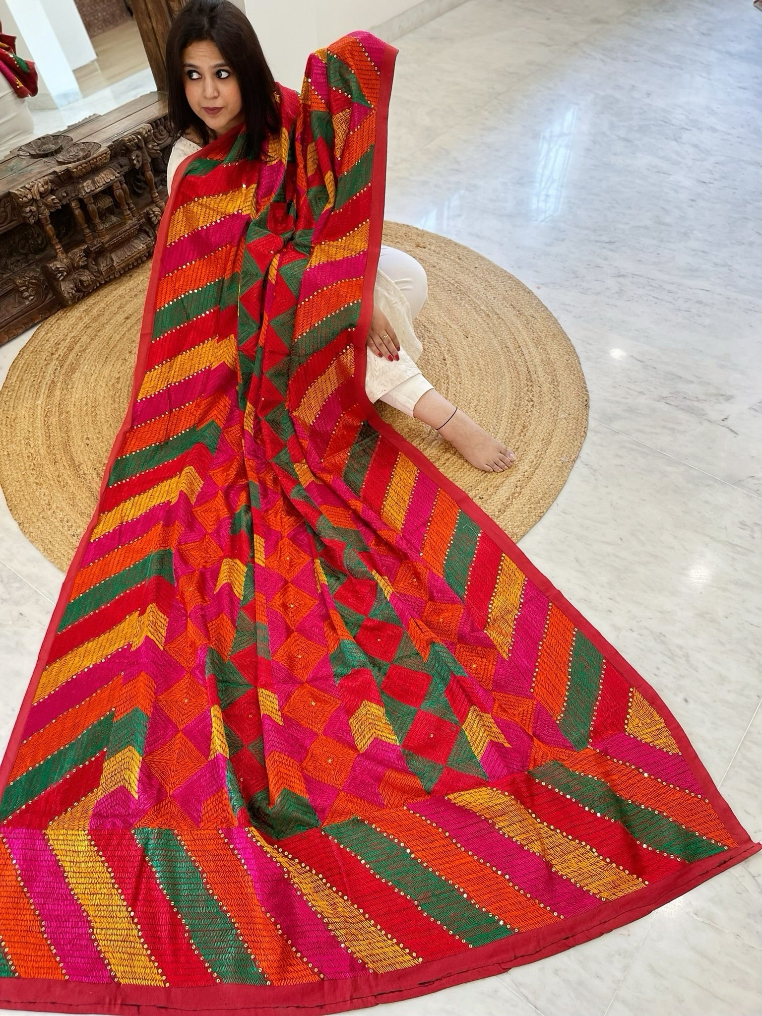 Handmade Designer Phulkari Dupatta in Khaddar Cotton - Masakalee