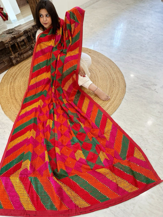 Handmade Designer Phulkari Dupatta in Khaddar Cotton - Masakalee