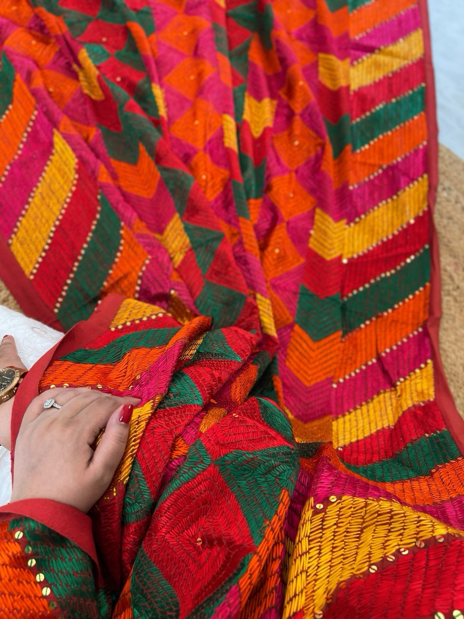Handmade Designer Phulkari Dupatta in Khaddar Cotton - Masakalee
