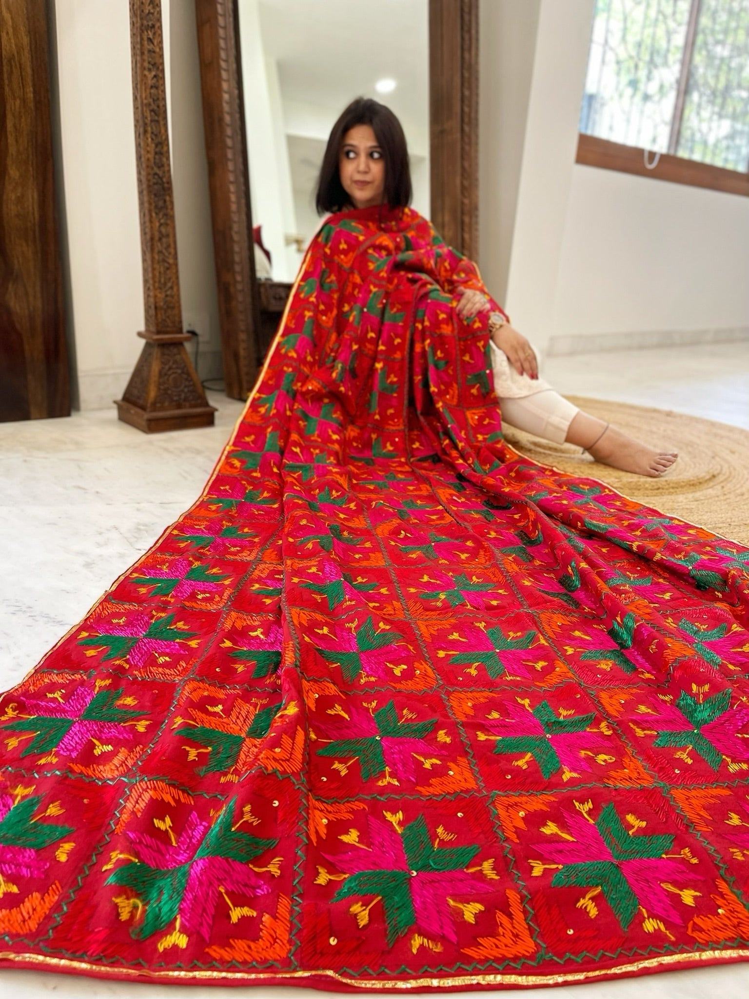 Handmade Designer Phulkari Dupatta in Khaddar Cotton - Masakalee