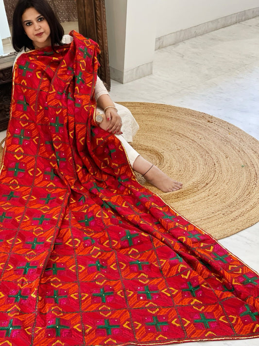 Handmade Designer Phulkari Dupatta in Khaddar Cotton - Masakalee