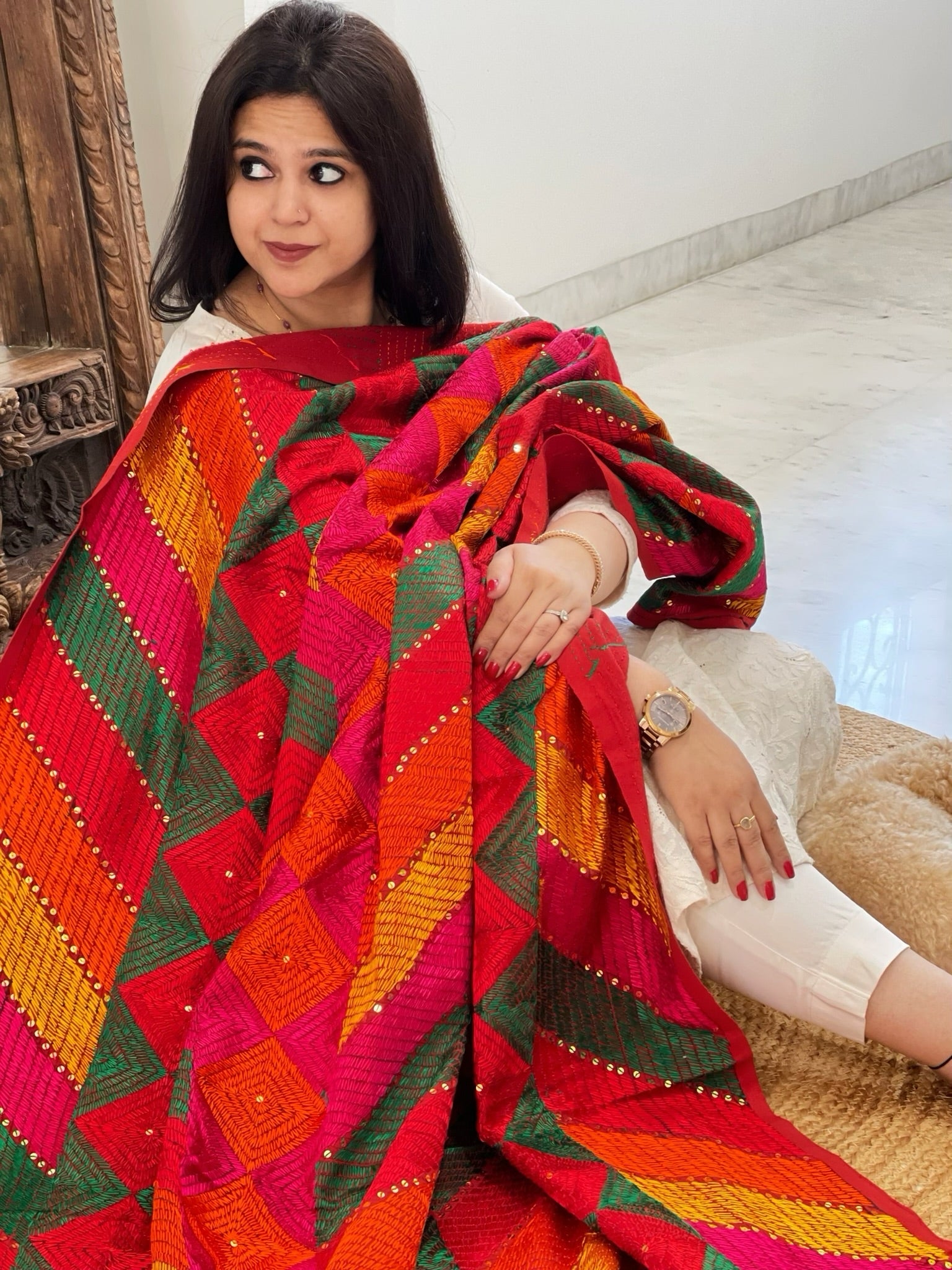Handmade Designer Phulkari Dupatta in Khaddar Cotton - Masakalee