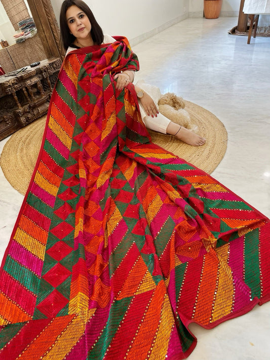Handmade Designer Phulkari Dupatta in Khaddar Cotton - Masakalee