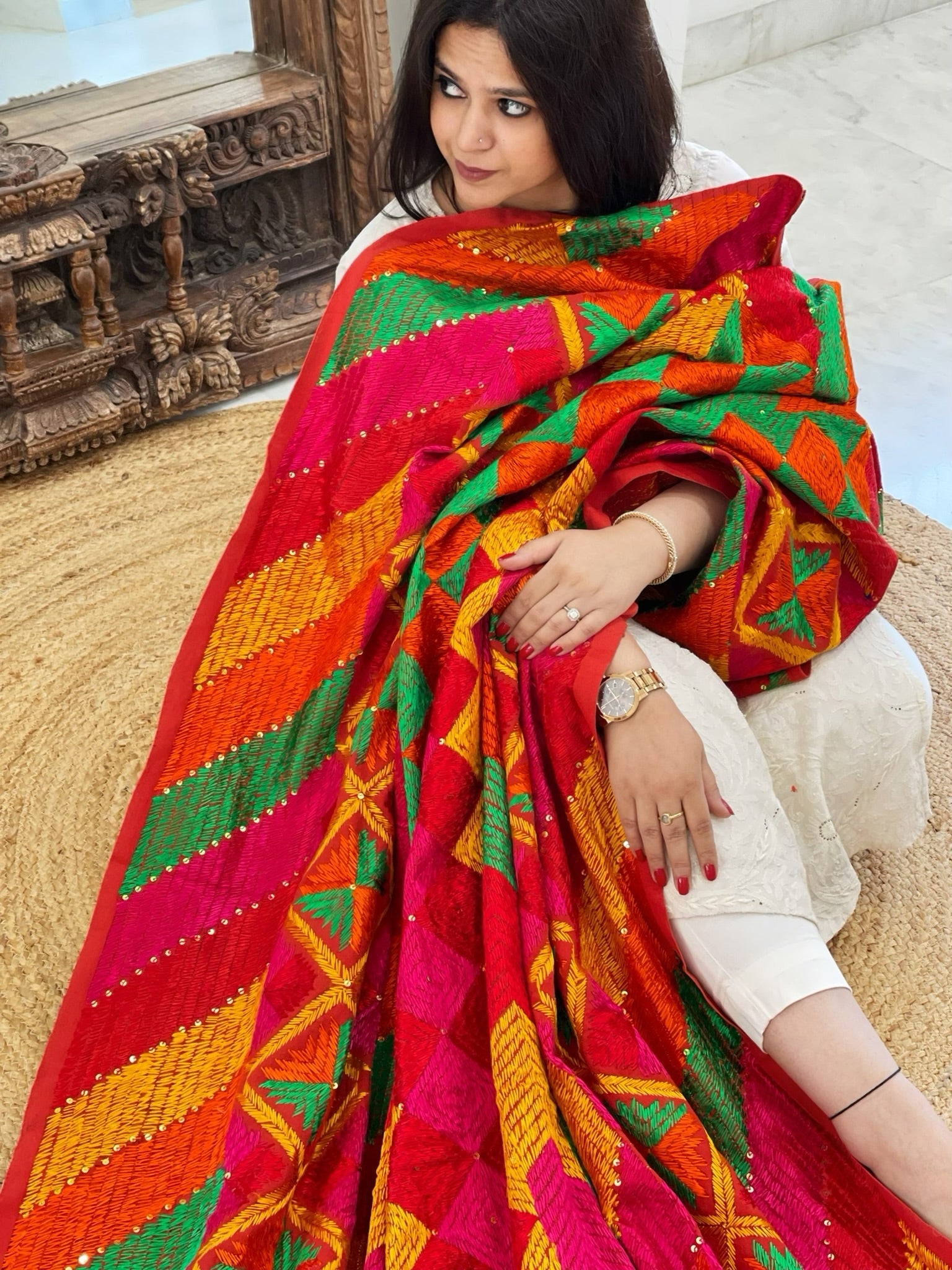 Handmade Designer Phulkari Dupatta in Khaddar Cotton - Masakalee
