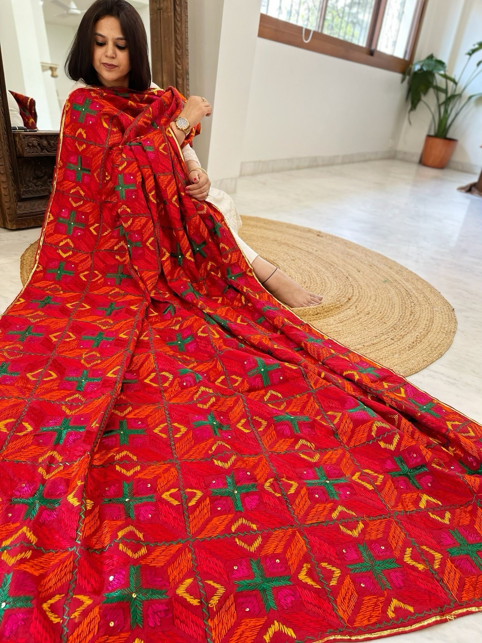 Handmade Designer Phulkari Dupatta in Khaddar Cotton - Masakalee
