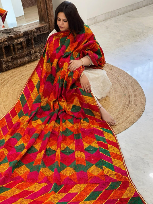 Handmade Designer Phulkari Dupatta in Khaddar Cotton - Masakalee