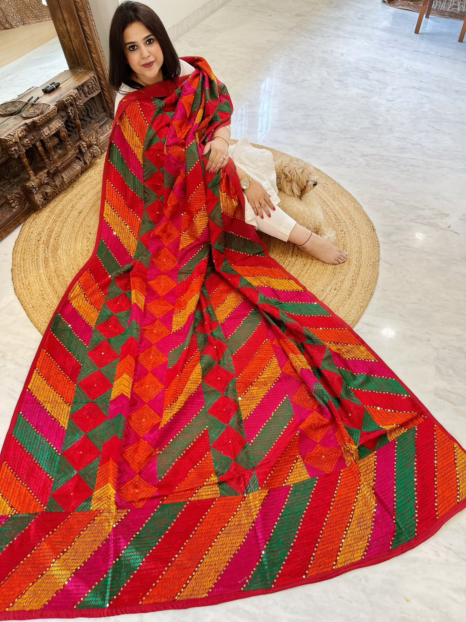 Handmade Designer Phulkari Dupatta in Khaddar Cotton - Masakalee