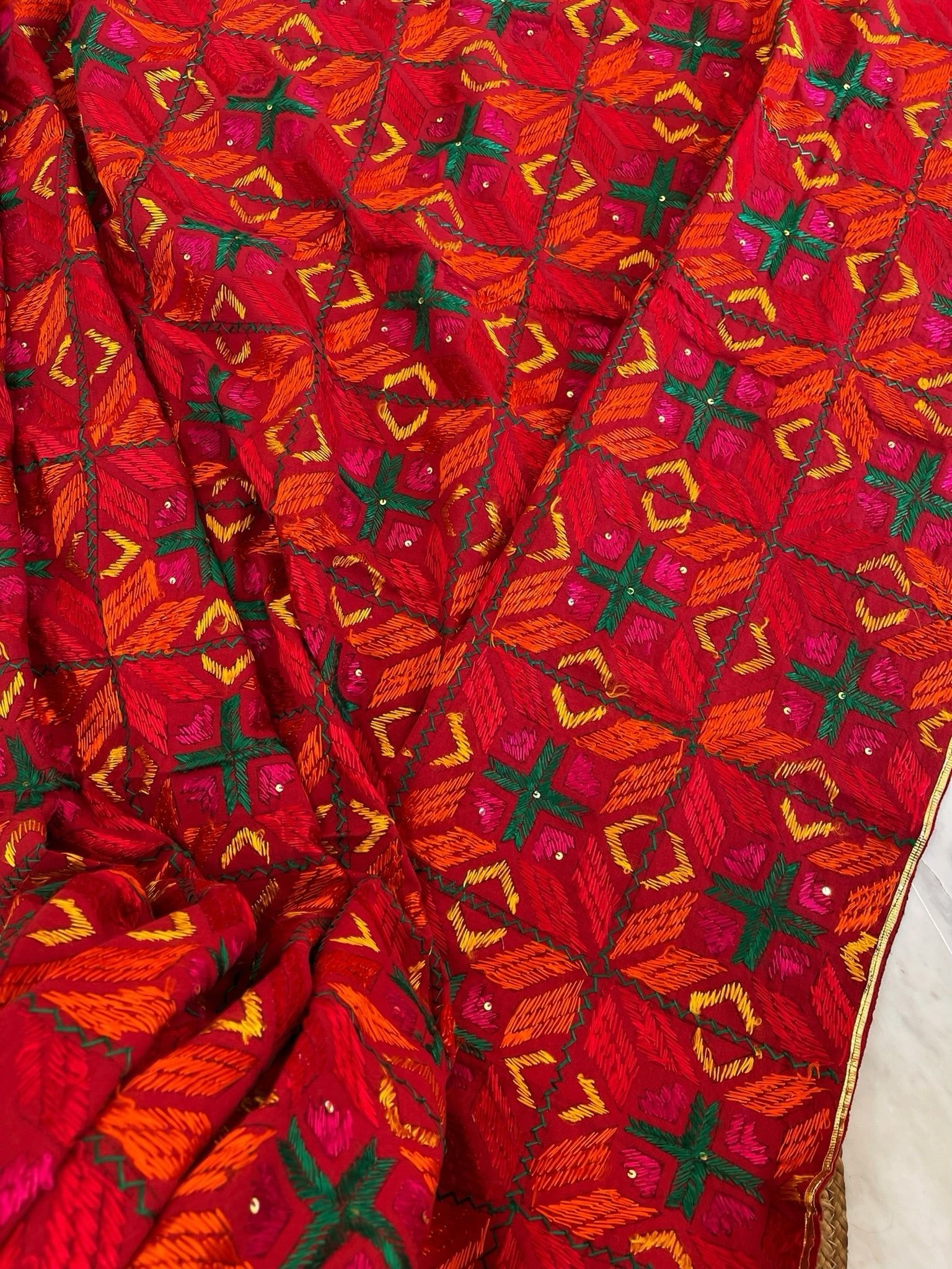 Handmade Designer Phulkari Dupatta in Khaddar Cotton - Masakalee
