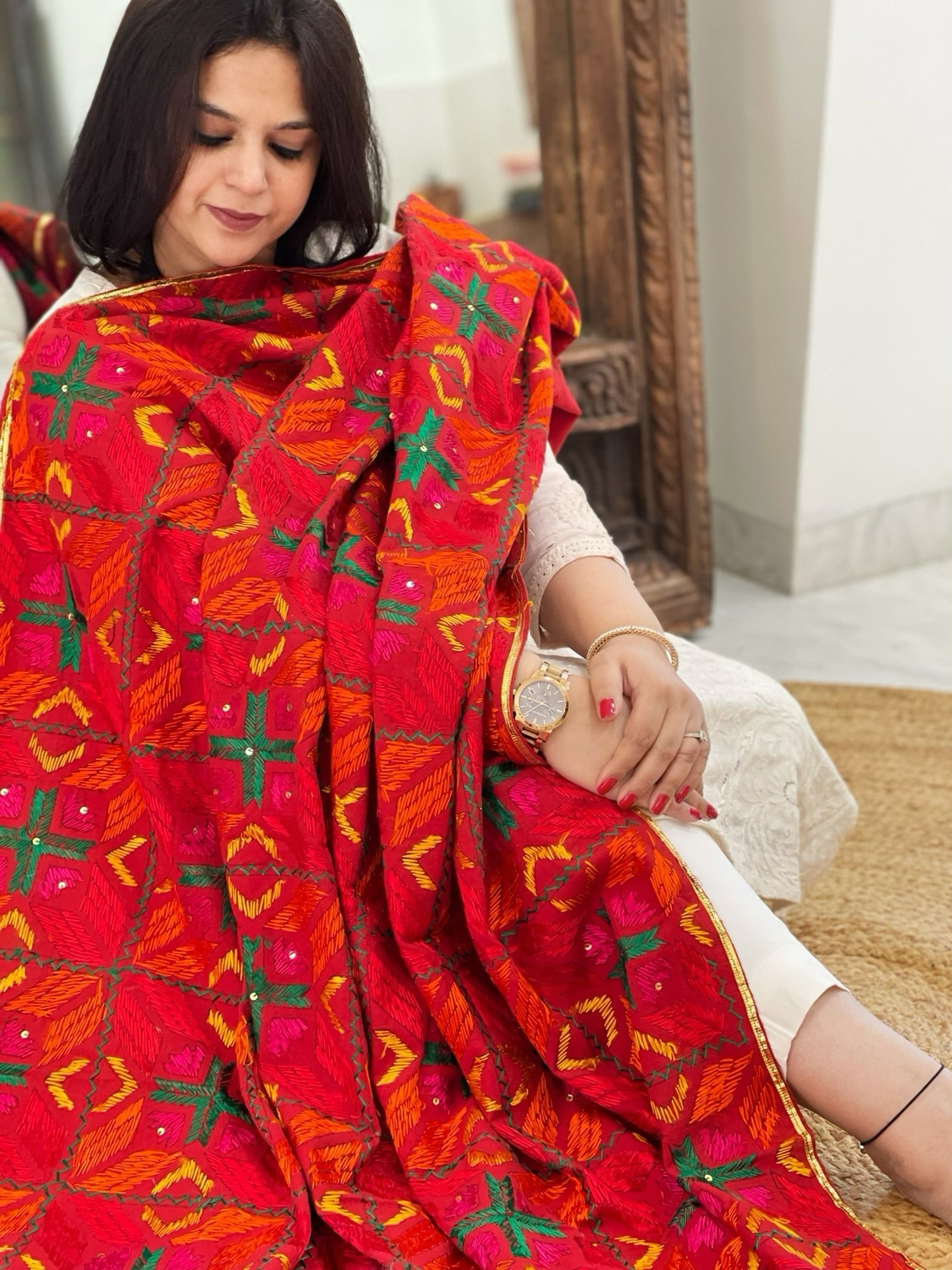 Handmade Designer Phulkari Dupatta in Khaddar Cotton - Masakalee