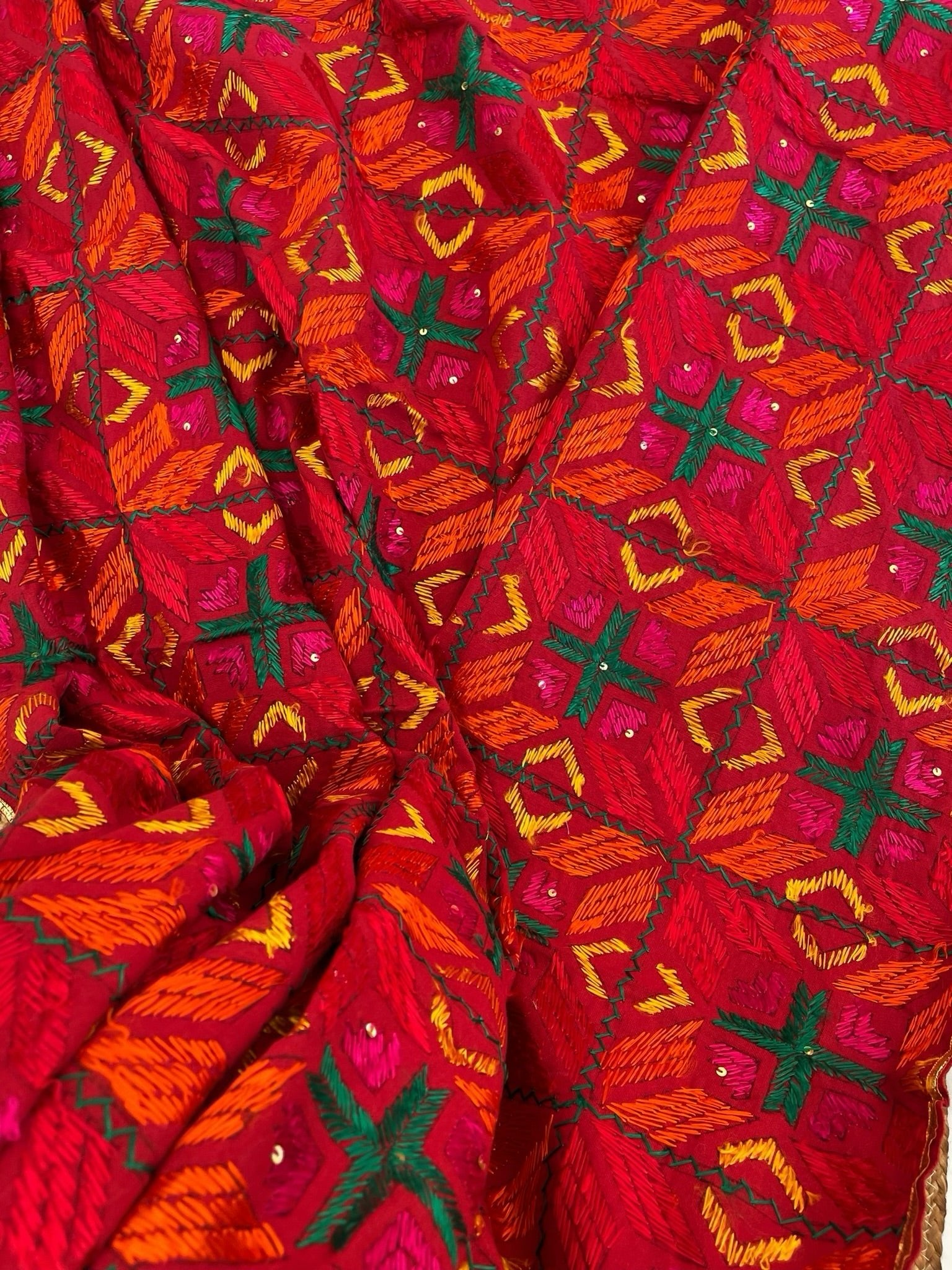 Handmade Designer Phulkari Dupatta in Khaddar Cotton - Masakalee