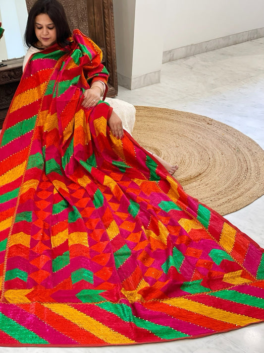 Handmade Designer Phulkari Dupatta in Khaddar Cotton - Masakalee