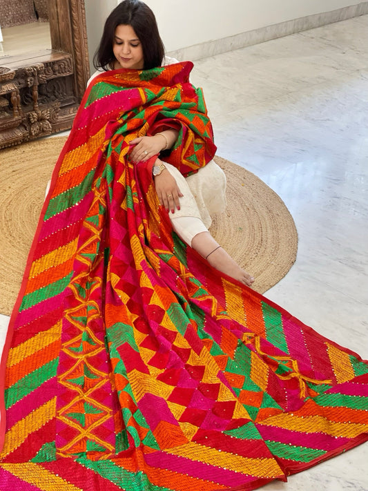 Handmade Designer Phulkari Dupatta in Khaddar Cotton - Masakalee