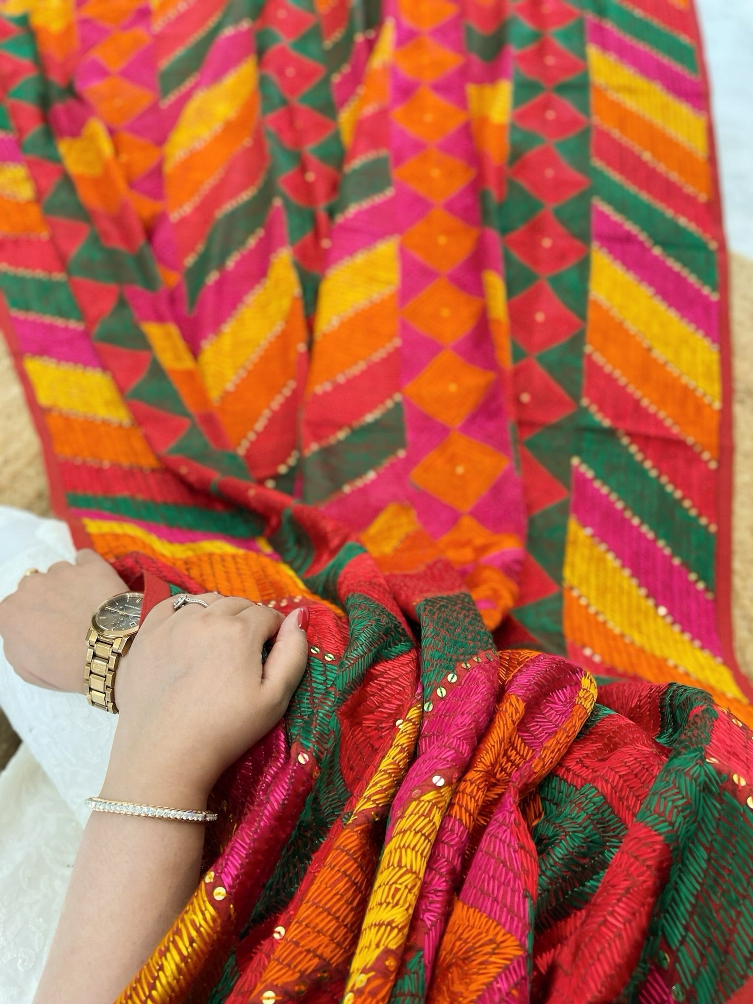 Handmade Designer Phulkari Dupatta in Khaddar Cotton - Masakalee