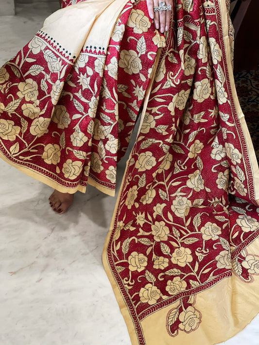 Handmade Nakshi Kantha Saree in Pure Silk - Masakalee