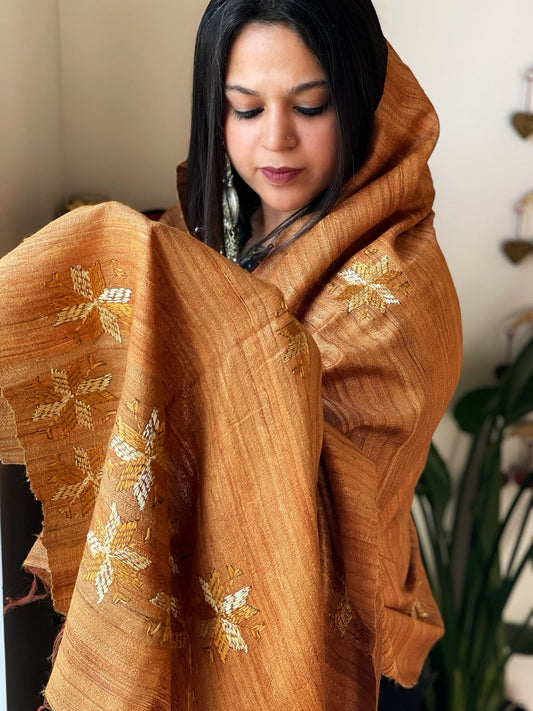 Handmade Phulkari Dupatta in Pure Geecha - Tussar Silk - Masakalee