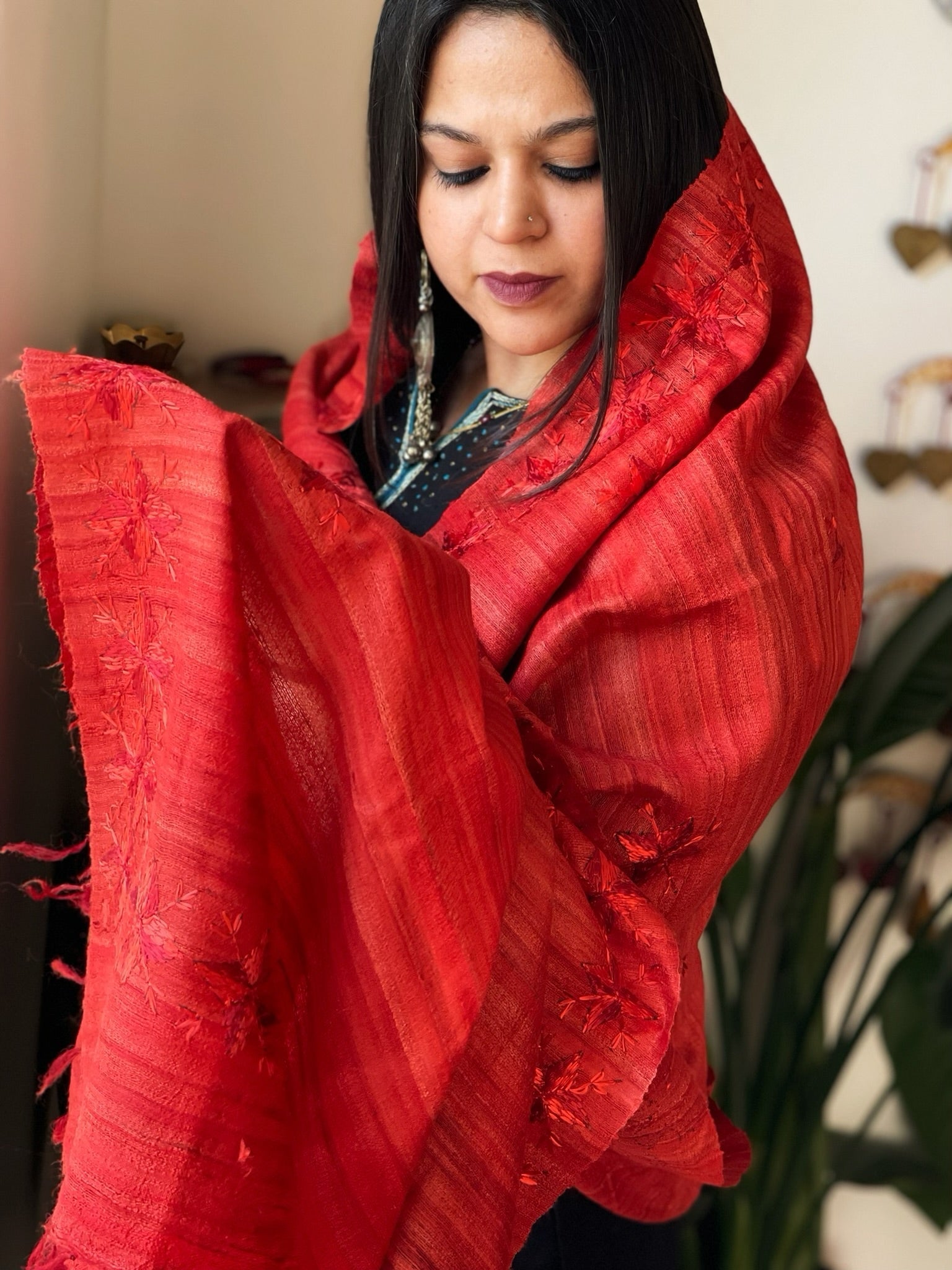 Handmade Phulkari Dupatta in Pure Geecha - Tussar Silk - Masakalee