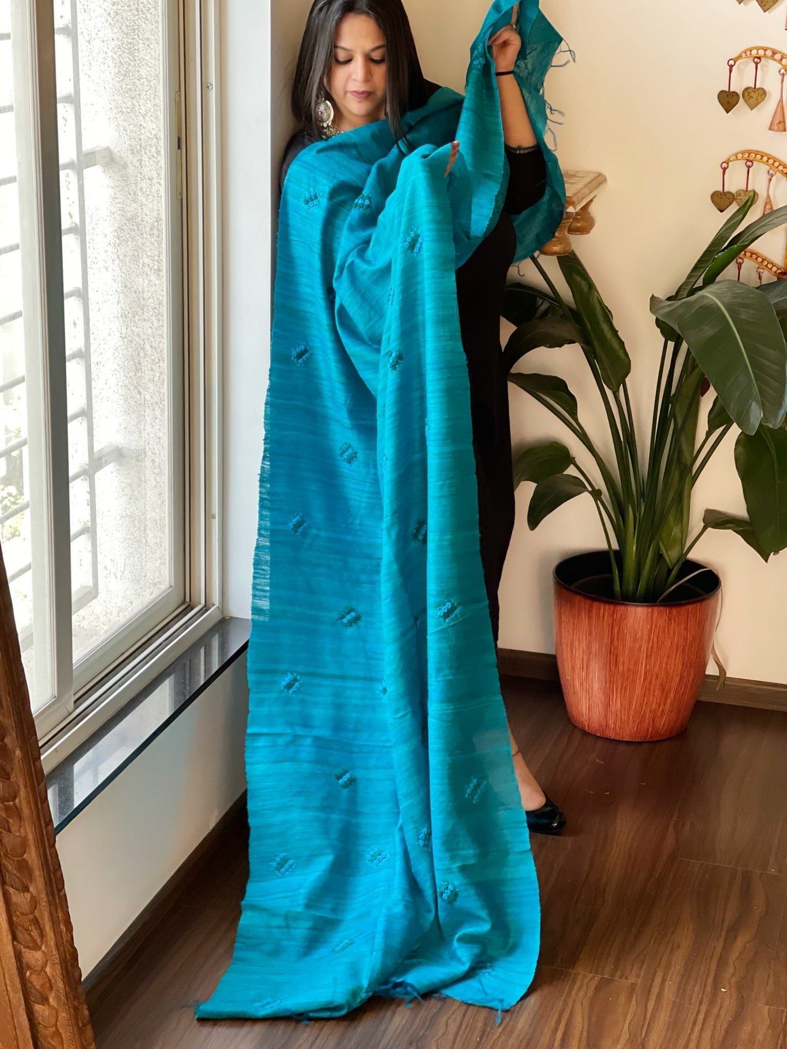 Handmade Phulkari Dupatta in Pure Geecha - Tussar Silk - Masakalee