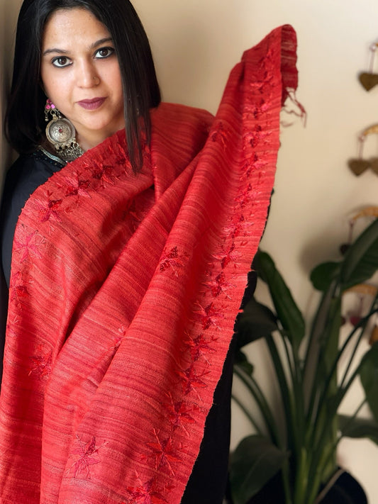 Handmade Phulkari Dupatta in Pure Geecha - Tussar Silk - Masakalee