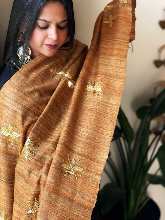 Handmade Phulkari Dupatta in Pure Geecha - Tussar Silk - Masakalee