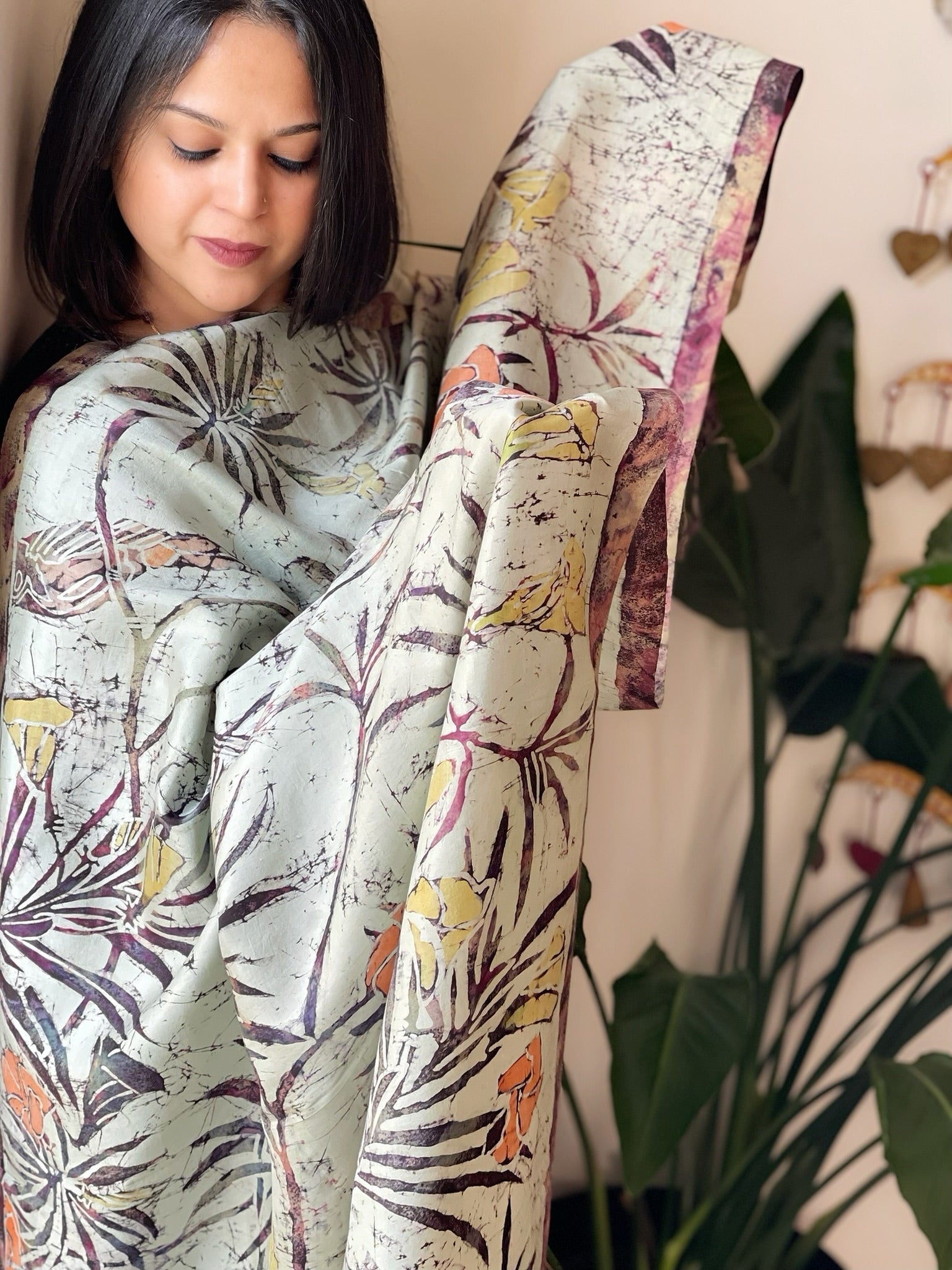 Handpainted & Batik Hand Dyed Dupatta in Handwoven Mul Silk - Masakalee