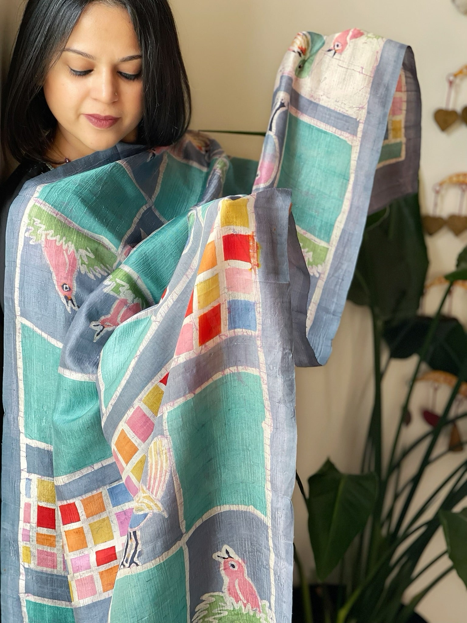 Handpainted & Batik Hand Dyed Dupatta in Handwoven Mul Silk - Masakalee