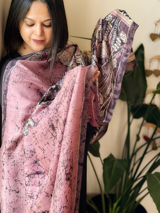 Handpainted & Batik Hand Dyed Dupatta in Handwoven Mul Silk - Masakalee
