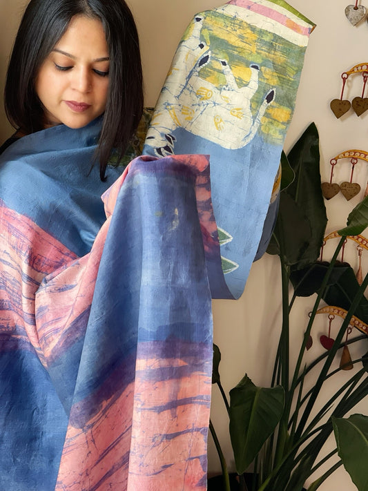 Handpainted & Batik Hand Dyed Dupatta in Handwoven Mul Silk - Masakalee