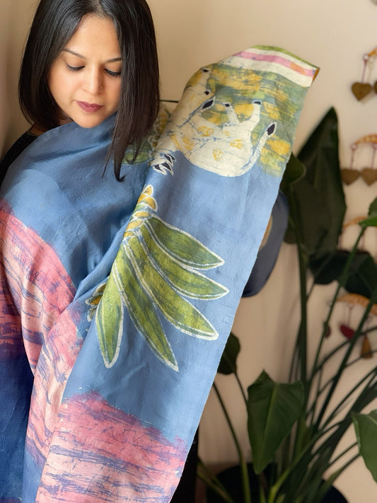 Handpainted & Batik Hand Dyed Dupatta in Handwoven Mul Silk - Masakalee