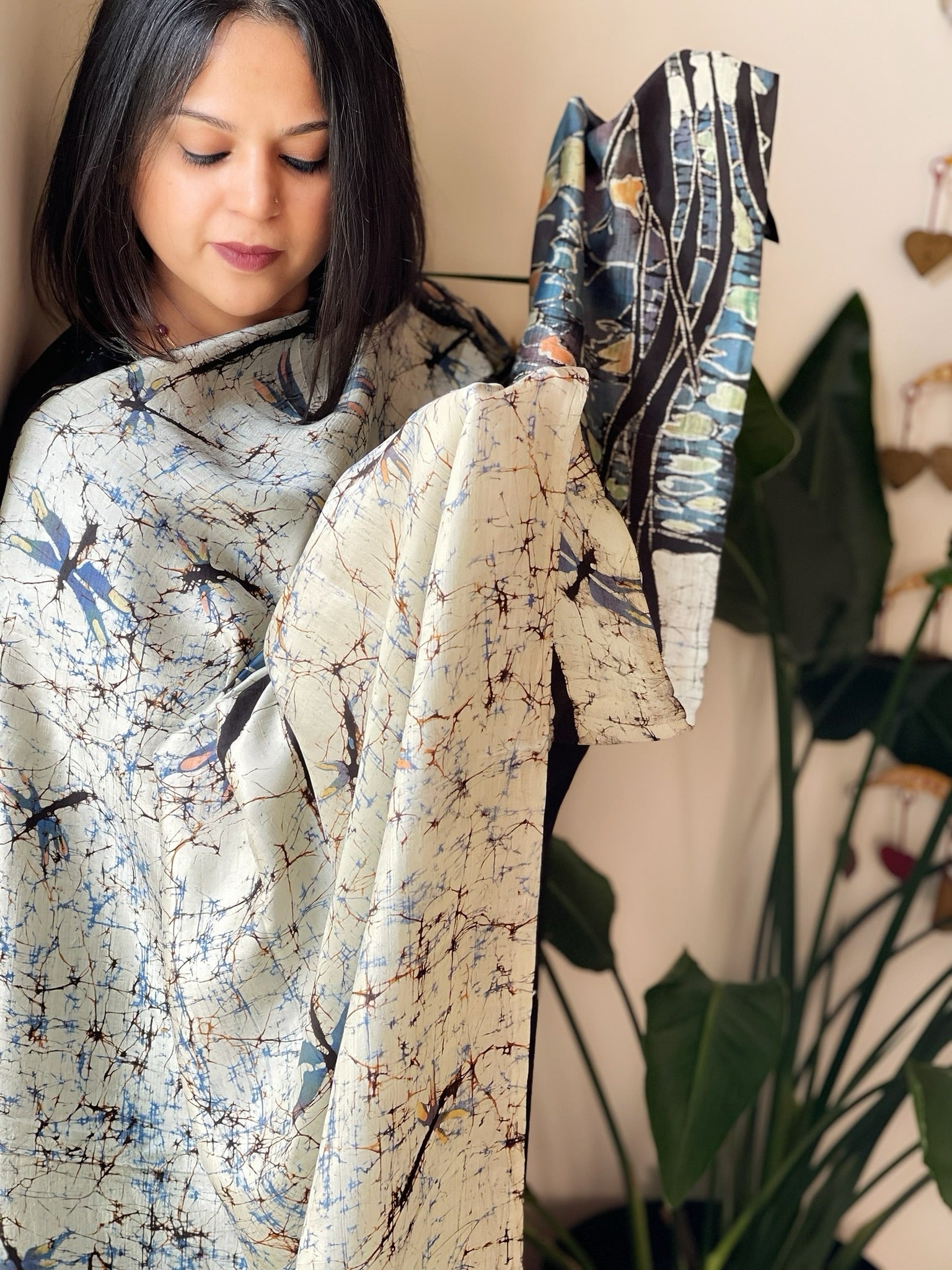 Handpainted & Batik Hand Dyed Dupatta in Handwoven Mul Silk - Masakalee