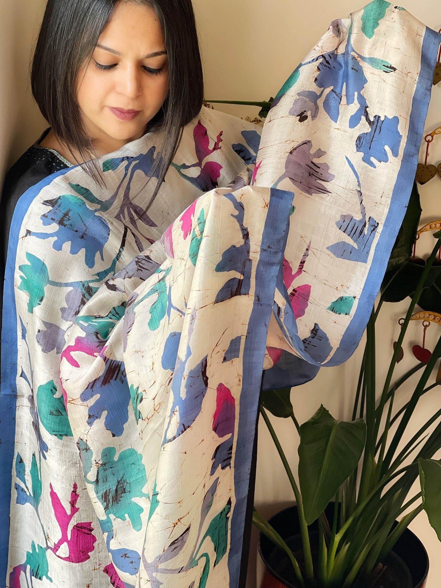 Handpainted & Batik Hand Dyed Dupatta in Handwoven Mul Silk - Masakalee