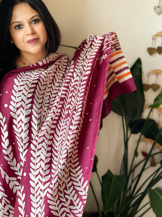 Handpainted & Batik Hand Dyed Dupatta in Handwoven Mul Silk - Masakalee