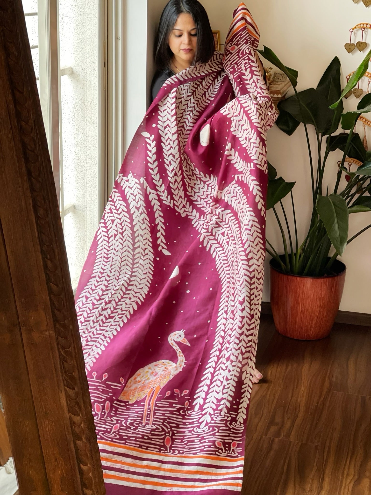 Handpainted & Batik Hand Dyed Dupatta in Handwoven Mul Silk - Masakalee