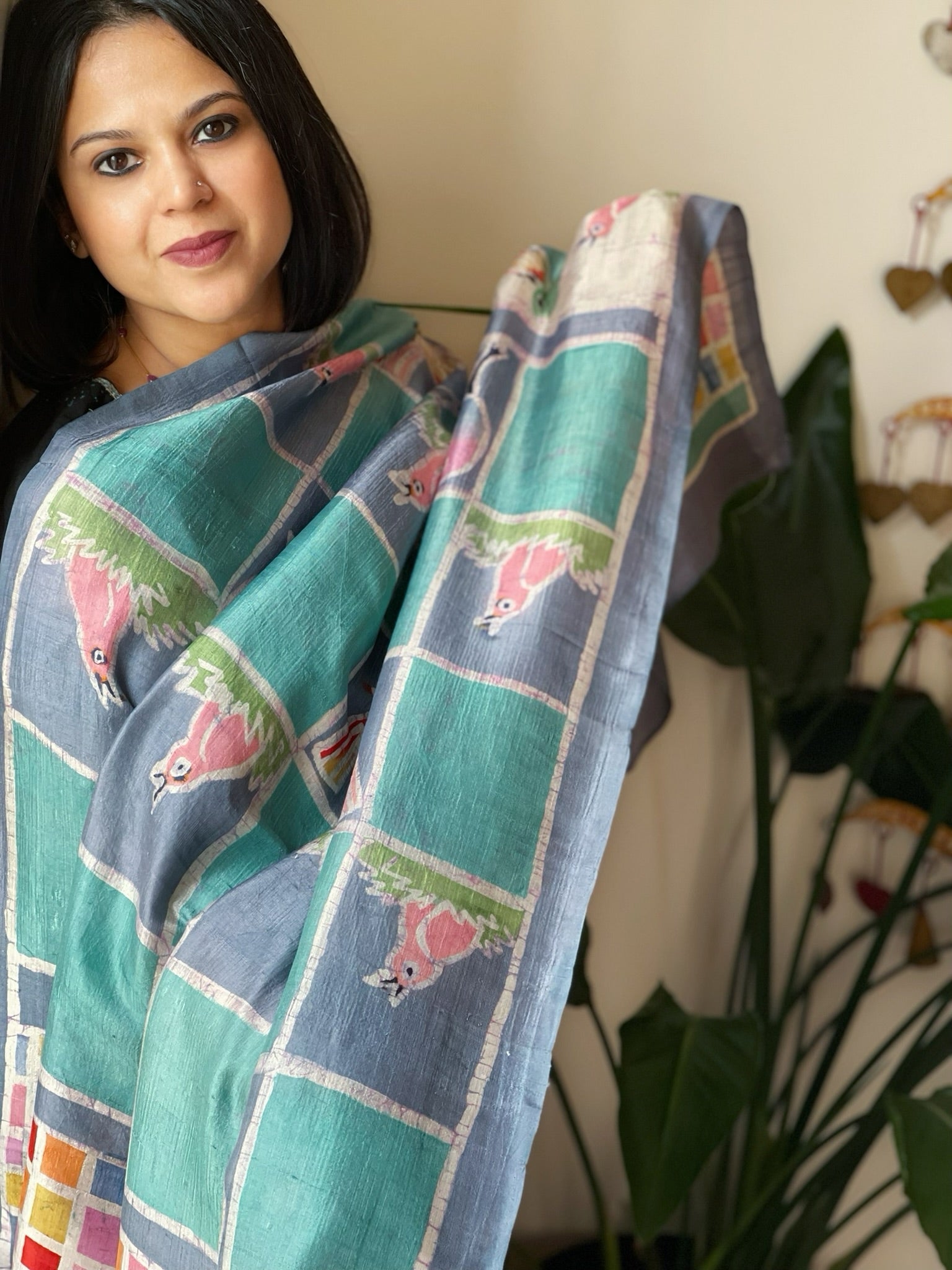 Handpainted & Batik Hand Dyed Dupatta in Handwoven Mul Silk - Masakalee