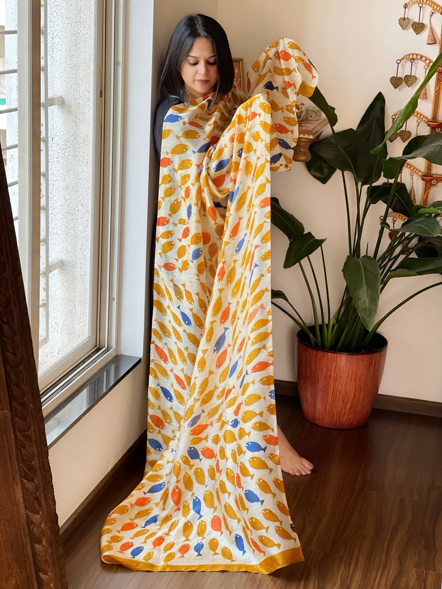 Handpainted & Batik Hand Dyed Dupatta in Handwoven Mul Silk - Masakalee