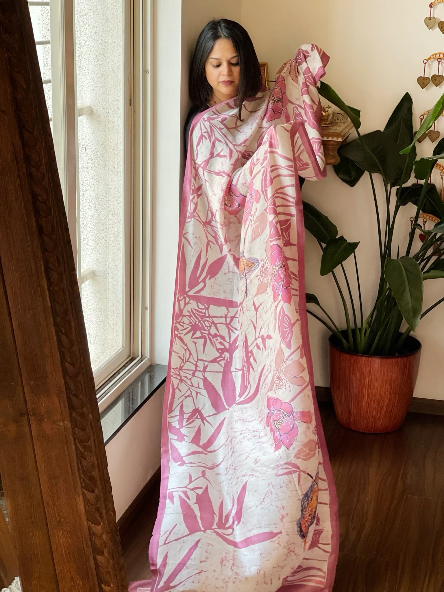 Handpainted & Batik Hand Dyed Dupatta in Handwoven Mul Silk - Masakalee