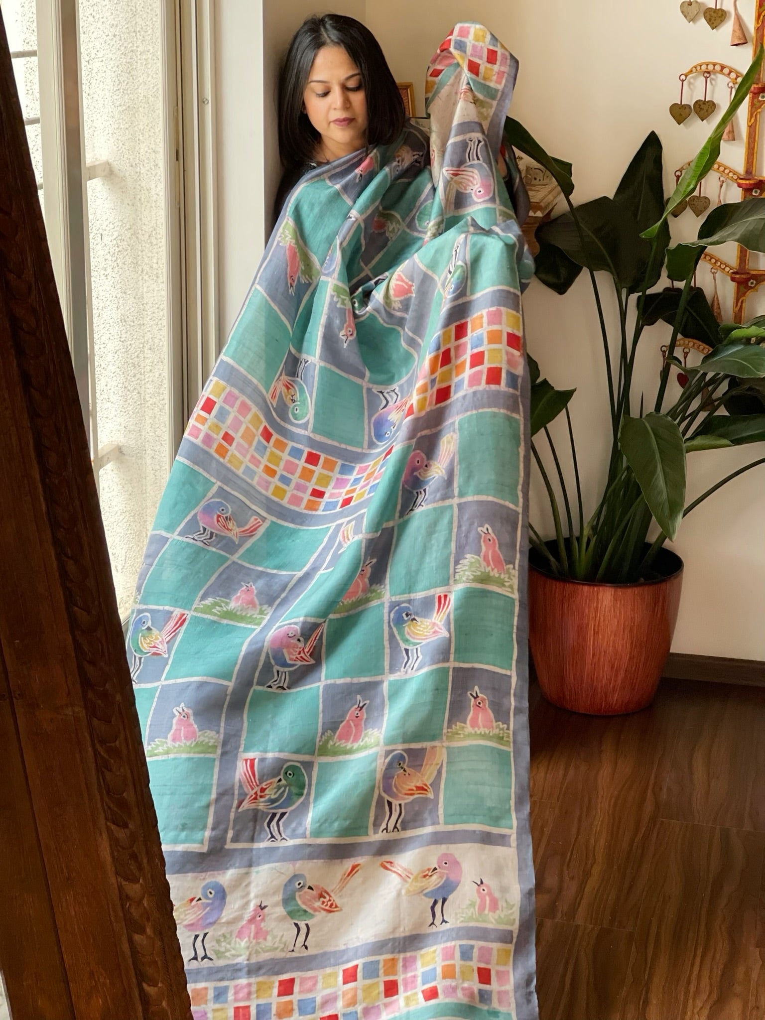 Handpainted & Batik Hand Dyed Dupatta in Handwoven Mul Silk - Masakalee