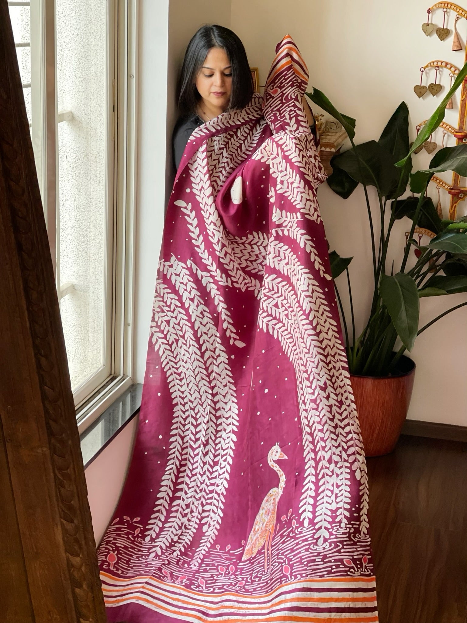 Handpainted & Batik Hand Dyed Dupatta in Handwoven Mul Silk - Masakalee