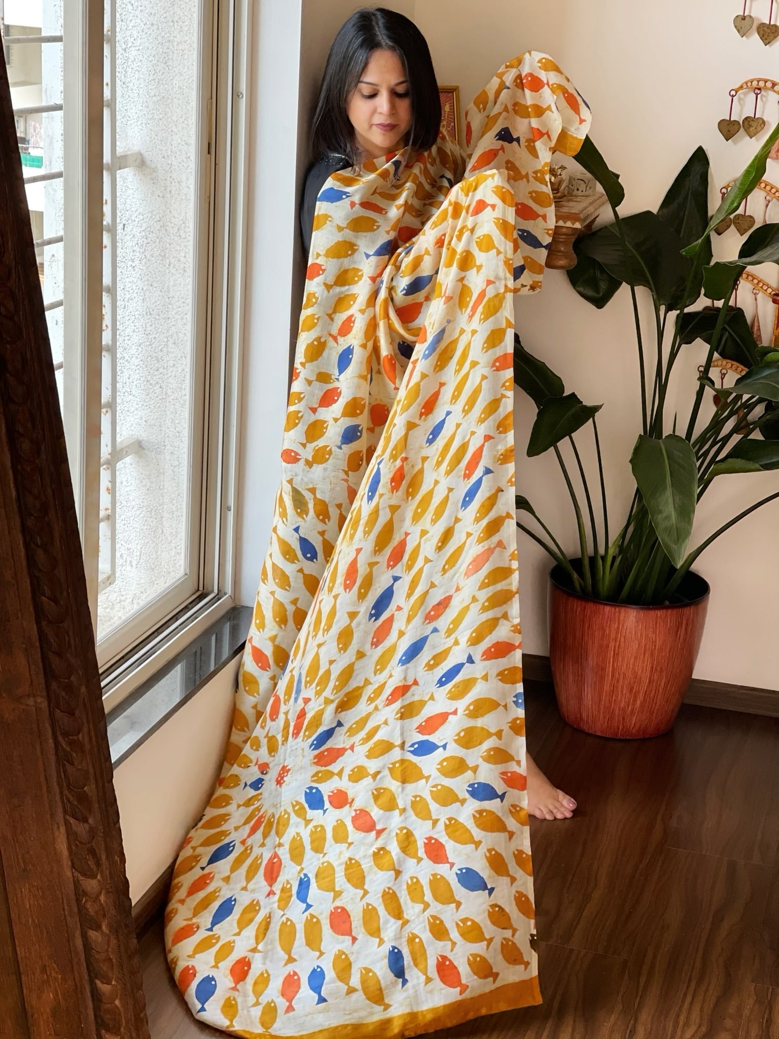 Handpainted & Batik Hand Dyed Dupatta in Handwoven Mul Silk - Masakalee