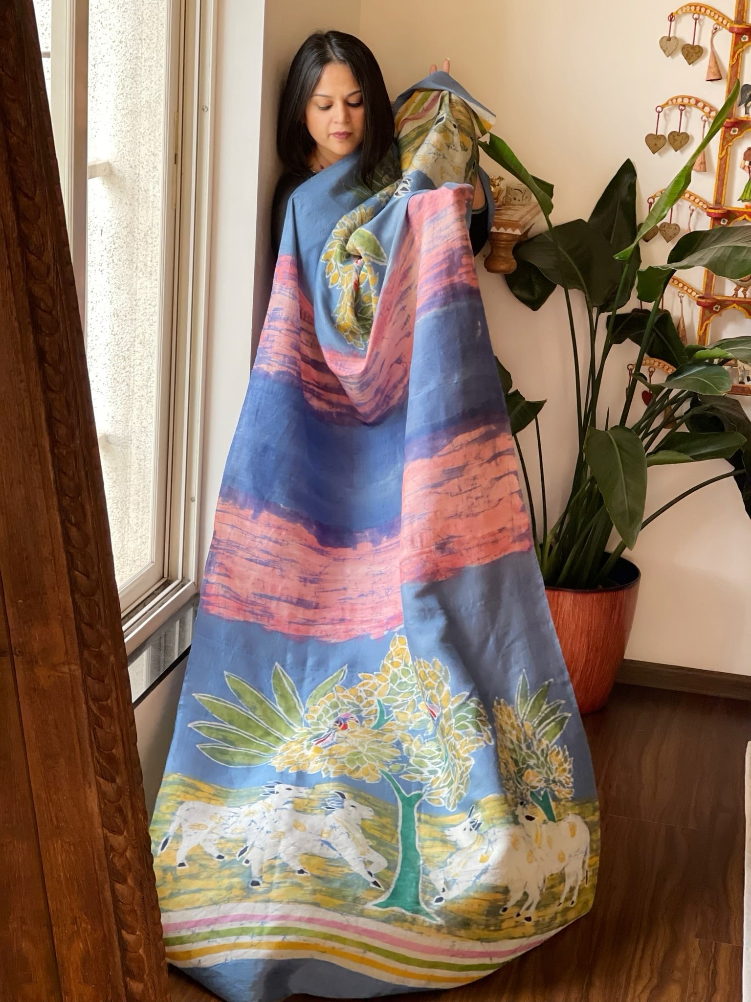 Handpainted & Batik Hand Dyed Dupatta in Handwoven Mul Silk - Masakalee