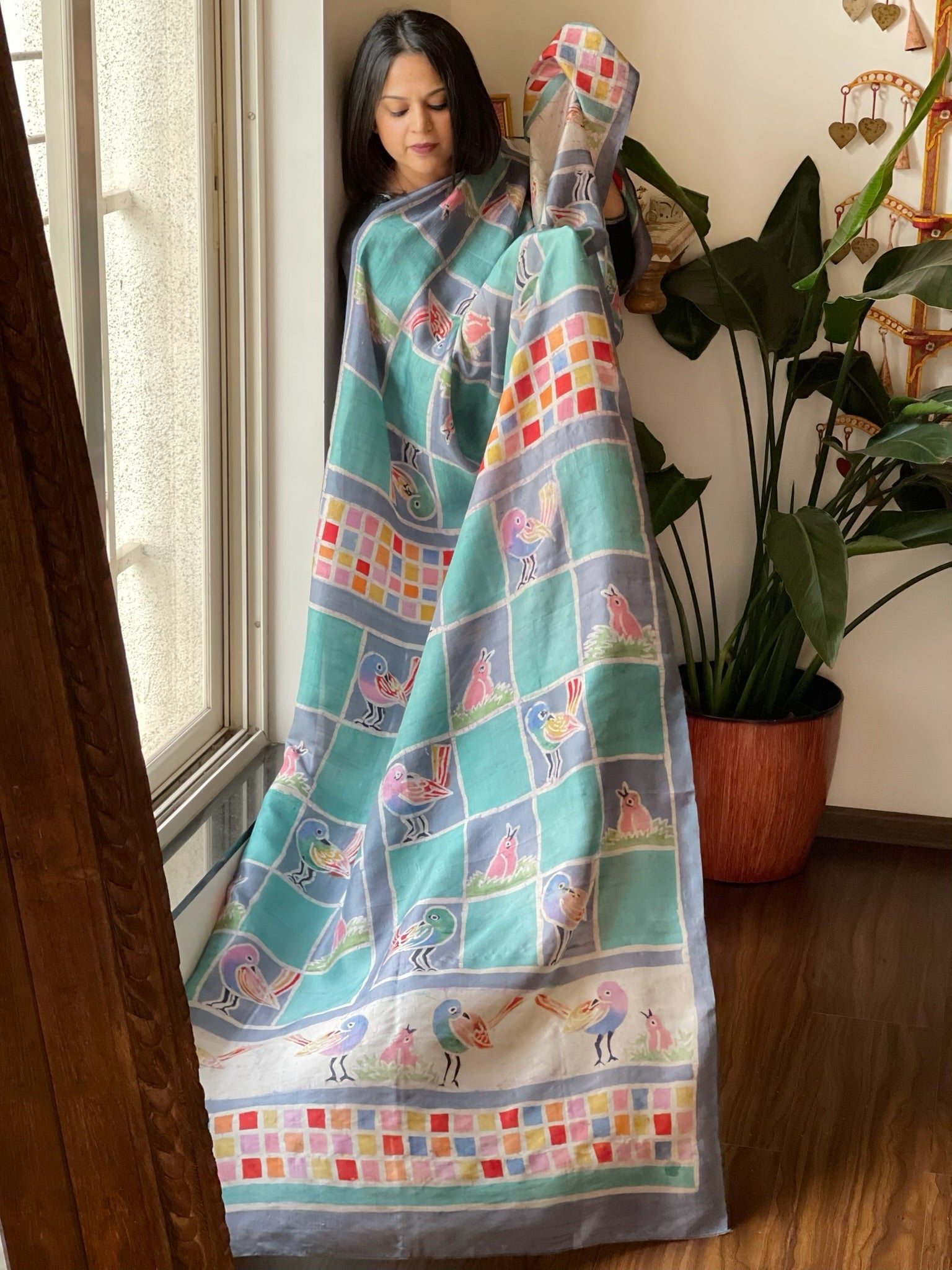Handpainted & Batik Hand Dyed Dupatta in Handwoven Mul Silk - Masakalee