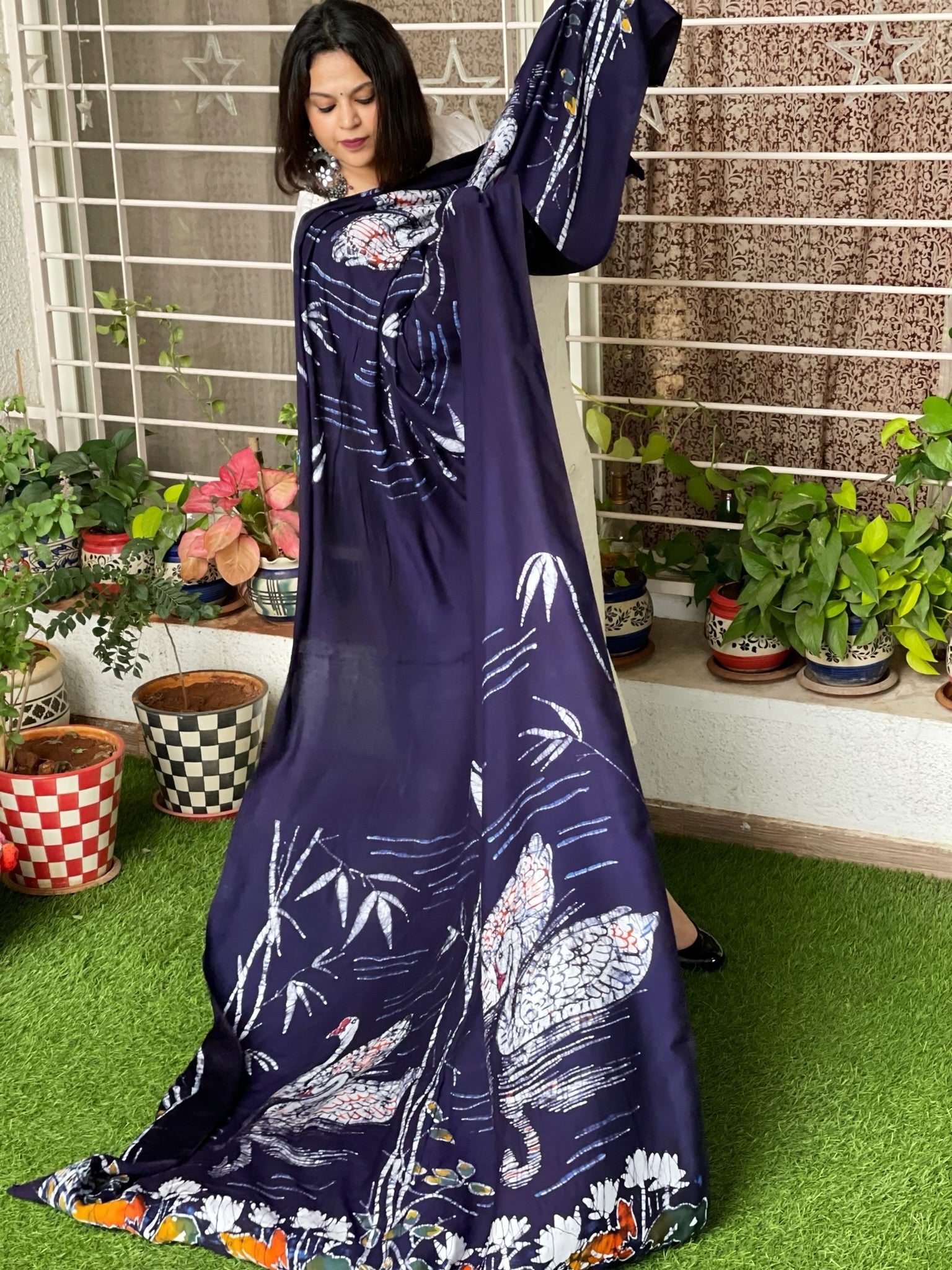 Handpainted & Batik Hand Dyed Dupatta in Modal Silk - Masakalee