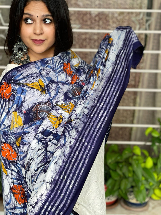 Handpainted & Batik Hand Dyed Dupatta in Modal Silk - Masakalee