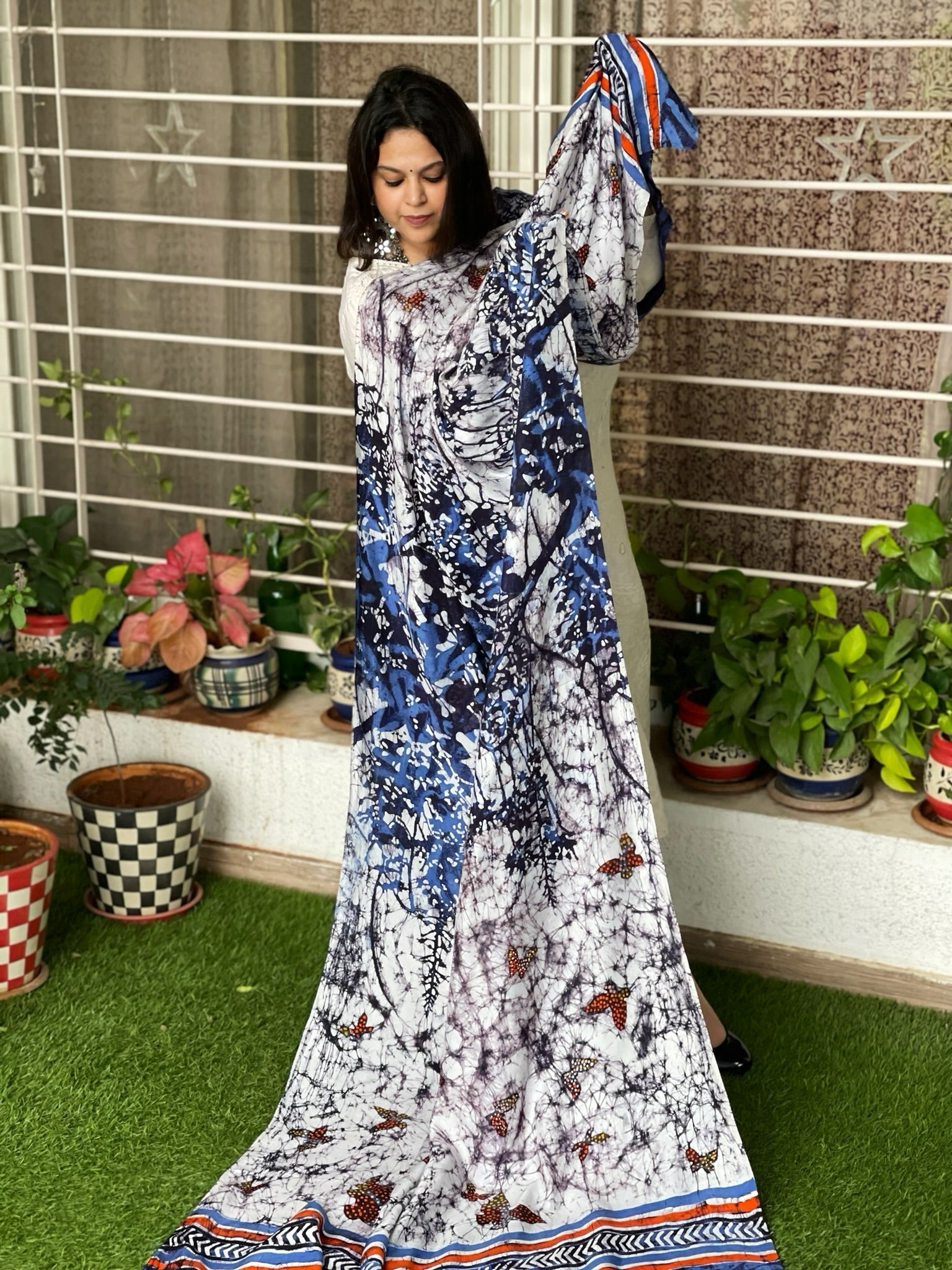 Handpainted & Batik Hand Dyed Dupatta in Modal Silk - Masakalee