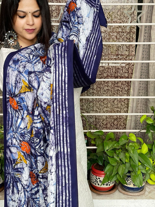 Handpainted & Batik Hand Dyed Dupatta in Modal Silk - Masakalee