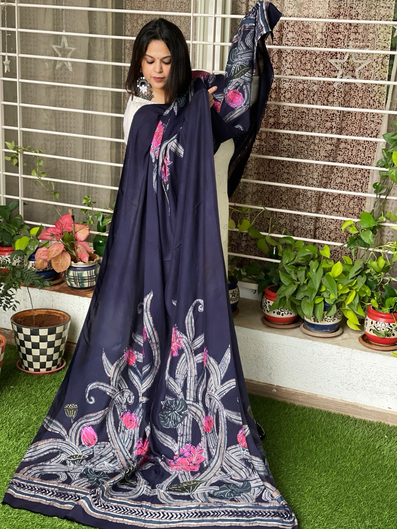 Handpainted & Batik Hand Dyed Dupatta in Modal Silk - Masakalee