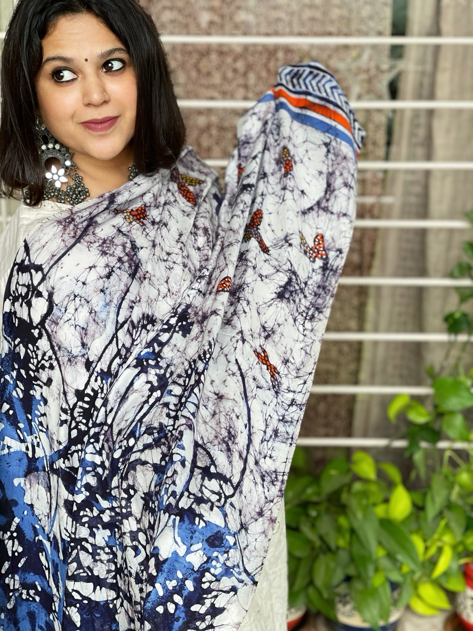 Handpainted & Batik Hand Dyed Dupatta in Modal Silk - Masakalee