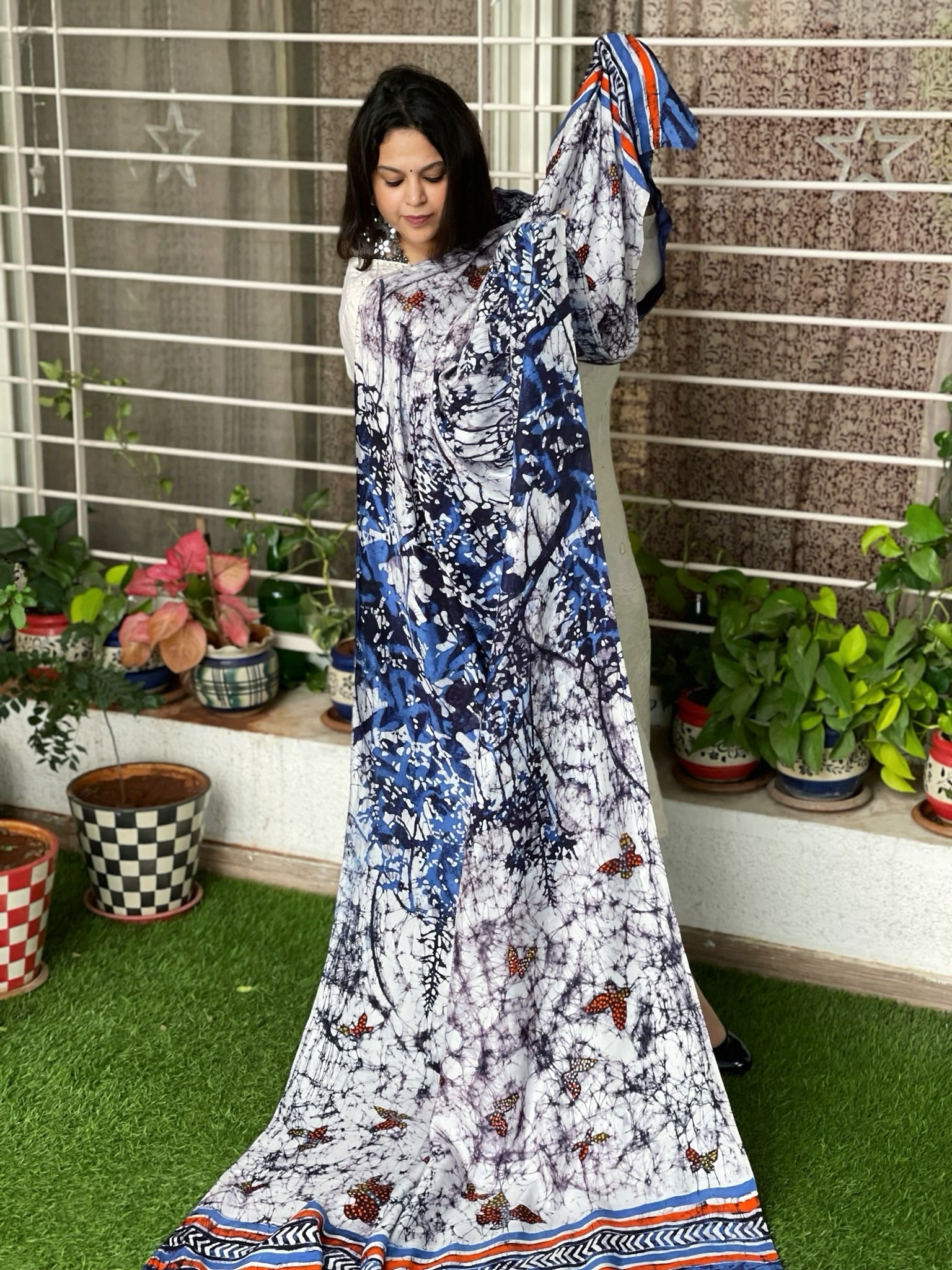 Handpainted & Batik Hand Dyed Dupatta in Modal Silk - Masakalee