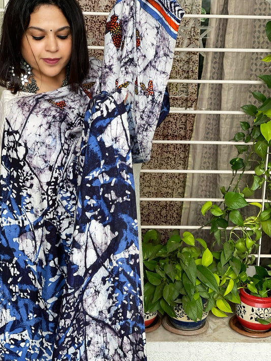 Handpainted & Batik Hand Dyed Dupatta in Modal Silk - Masakalee