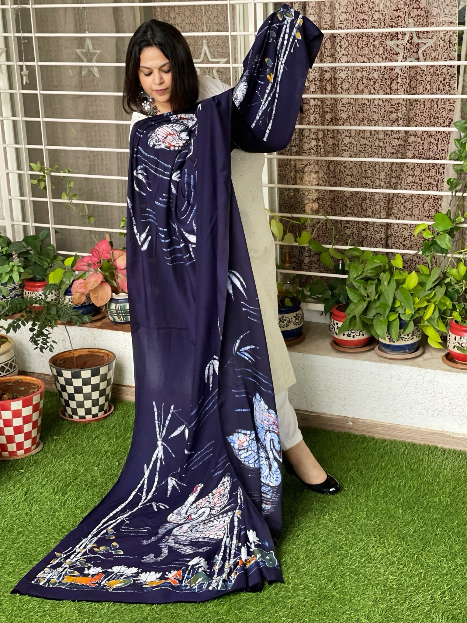 Handpainted & Batik Hand Dyed Dupatta in Modal Silk - Masakalee